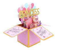 Carte d'Anniversaire Pop-Up 3D avec Enveloppe, Ballons Colorés et Feux d'Artifice pour Princesse Fille Sœur Amie Coffret Cadeau Pop-Up Créatif