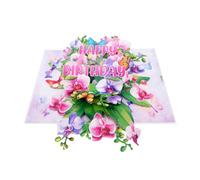 Carte d'anniversaire pop-up 3D avec orchidée, motif papillon, fleurs roses et violettes 15 x 20 cm