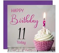 Carte d'anniversaire pour 11e anniversaire pour homme et femme - Rose et gris - Carte d'anniversaire cupcake pour filles de 11 ans, petite-fille, enfants, onzième, nièce, sœur, cousine