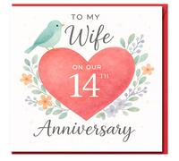 Carte d'anniversaire pour 14e anniversaire de mariage avec motif cœur aquarelle, fleurs pastel et petit oiseau - Carte romantique pour femme