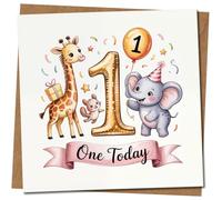 Carte d'anniversaire pour 1er anniversaire - 145 mm x 145 mm - Motif animaux de safari, girafe et éléphant - Carré - Enveloppe kraft incluse