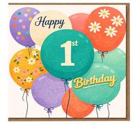 Carte d'anniversaire pour 1er anniversaire - Ballons colorés et fleurs - Carte d'anniversaire pour enfants, unisexe