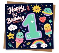 Carte d'anniversaire pour 1er anniversaire, carte d'anniversaire pour bébé fille ou garçon, joli motif espace kawaii et arc-en-ciel pour première célébration