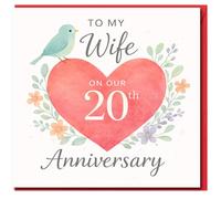 Carte d'anniversaire pour 20e anniversaire de mariage avec motif cœur aquarelle avec fleurs et oiseau, carte romantique pour épouse