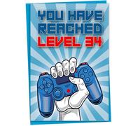 Carte d'anniversaire pour 34 ans, « You Have Reached Level 34 », carte de vœux pour joueur de 34 ans, cadeau d'anniversaire pour un fils ou une fille, pour lui, sa petite-fille, bleu