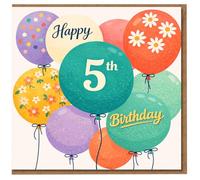 Carte d'anniversaire pour 5e anniversaire - Ballons colorés avec marguerites et confettis - Carte d'anniversaire pour enfants de 5 ans