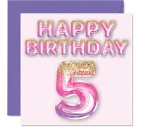 Carte d'anniversaire pour 5e anniversaire de fille - Ballons à paillettes roses et violets - Cartes d'anniversaire pour fille de 5 ans fille sœur petite-fille cousine