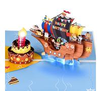 Carte d'anniversaire pour 6e enfants, musique, lumière et bougie soufflante, bateau pirate 3D et gâteau, carte d'anniversaire pop-up pour petit-fils de 6 ans, fils, neveu, enfants, garçons, enfants