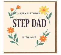 Carte d'anniversaire pour beau-père - Motif floral - Happy Birthday Step Dad With Love - Fond crème chaud