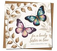 Carte d'anniversaire pour belle-sœur - Motif élégant papillons et feuilles - For a Lovely Sister-in-Law, Have a Beautiful Day - 145 mm x 145 mm carré, avec enveloppe kraft