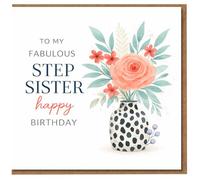 Carte d'anniversaire pour belle-sœur - To My Fabulous Step Sister, vase floral élégant avec fleurs et feuilles de corail, typographie élégante