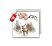 Carte d'anniversaire pour chasseurs et forestiers avec enveloppe - « Happy Birthday » - Carte de vœux pour anniversaire, chasse, forêt, nature, cerf et ballons - Motif forêt - Motif forêt - Motif