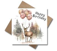 Carte d'anniversaire pour chasseurs et forestiers avec enveloppe - « Happy Birthday », carte de vœux, pour anniversaire, chasse, forêt, nature, cerf et ballons, motif de forêt, amis de la nature (125