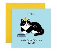 Carte d'anniversaire pour chat grossier - « Woo. Now Where's My Food » - Carte de vœux pour les amoureux des chats, les propriétaires d'animaux domestiques, lui, elle, hommes, femmes, amis, collègues