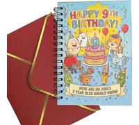 Carte d'anniversaire pour enfants - 100 blagues de 10 ans, 99 blagues de 9 ans, 88 blagues de 8 ans faite à la main avec couverture en pâte de bois et enveloppe rouge dorée (8e anniversaire)