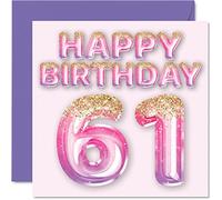 Carte d'anniversaire pour femme - Ballons à paillettes roses et violets - Cartes d'anniversaire pour femme de 61 ans - 145 mm x 145 mm - Cadeau pour soixante et grand-mère