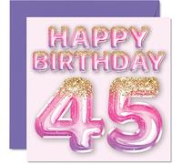 Carte d'anniversaire pour femme - Ballons roses et violets à paillettes - Cartes d'anniversaire pour femme de 45 ans, maman, cousine, amie, sœur, tante, 145 mm x 145 mm, cartes de vœux pour
