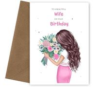 Carte d'anniversaire pour femme - Belle brune avec des fleurs - Carte d'anniversaire sentimentale pour femme pour adulte pour anniversaire - 20e, 30e, 40e, 50e - Fabriquée au Royaume-Uni
