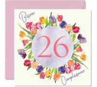 Carte d'anniversaire pour femme - Bouquet de fleurs de tulipes aquarelle - Cartes de joyeux 26e anniversaire pour femme de 26 ans, fille, sœur, tante, 145 mm, vingt-six vingt-sixième anniversaire