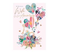 Carte d'anniversaire pour femme - Lovely Wife on Our Anniversary - Fleurs et cœurs - Motif floral artistique - Finitions spéciales et feuille illustrée - Fabriqué au Royaume-Uni - Respectueux de