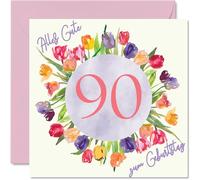 Carte d'anniversaire pour femme - Tulipes aquarelle - Bouquet de fleurs - Joyeux anniversaire pour femme de 90 ans - Maman, arrière-grand-mère - 145 mm - Quatre-vingt-dix 90ème anniversaire
