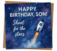 Carte d'anniversaire pour fils - Motif fusée spatiale - « Happy Birthday Son! Shoot for the Stars » - 145 mm x 145 mm - Jolie carte inspirante avec enveloppe kraft incluse