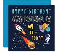 Carte d'anniversaire pour garçon - Astronaute spatial Cosmos - Carte d'anniversaire de 1 an, garçon et fille, 145 mm x 145 mm pour fils, fille, nièce, neveu, petit-fils