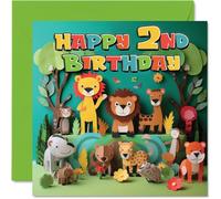 Carte d'anniversaire pour garçons et filles - Animaux de la jungle - Carte d'anniversaire de 2 ans pour garçon et fille, cartes de deuxième anniversaire pour lui, elle, 145 mm x 145 mm pour neveu,