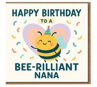Carte d'anniversaire pour grand-mère - Abeille mignonne avec chapeau de fête, cœur et confettis - Jeu de mots « Happy Birthday to a Bee-r » Nana