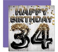 Carte d'anniversaire pour homme - Ballons noirs et dorés à paillettes - Cartes d'anniversaire pour homme de 34 ans ami frère papa oncle 145mm - Cartes de vœux pour trente quatrième anniversaire