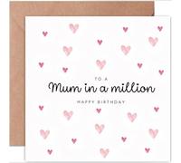 Carte d'anniversaire pour maman, « Mum in a Million » avec cœurs roses, 14 x 14 cm, intérieur vierge pour message personnalisé, enveloppe kraft avec pochette en plastique transparent (rose)