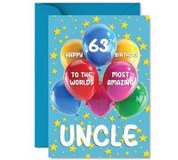 Carte d'anniversaire pour oncle 63 ans - Worlds Most Amazing - Carte d'anniversaire pour oncle de 63 ans de la part d'un neveu, d'une nièce, de ballons A5 et d'étoiles