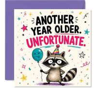 Carte d'anniversaire raton laveur « yet Another Year Down » | Cheeky in a Party Hat with Balloon and Confetti, Wry Birthday Banter for Animal Love, 145 mm Square, Enveloppe incluse