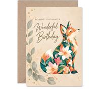 Carte d'anniversaire renard, breloque fantaisie forêt | Stylisé avec des motifs floraux et des reflets dorés, égayez leur journée avec un art botanique joyeux, format A5