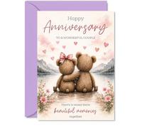 Carte d'anniversaire sentimentale avec deux ours en peluche au bord du lac | Aquarelle Cœurs et fleurs, vœux d'anniversaire doux pour une paire d'amour, 12,7 x 17,8 cm, enveloppe incluse