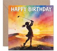 Carte d'anniversaire sincère - Célébrez avec style - Silhouette de golf contre un coucher de soleil vibrant - Parfait pour les amateurs de plaisir - Carré de 145 mm, enveloppe incluse