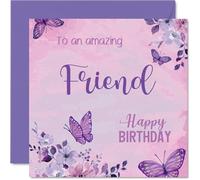 Carte d'anniversaire sincère pour ami - Souhaits chaleureux et papillons flottants - Fleurs roses douces avec accents violets - Carré de 145 mm, enveloppe incluse