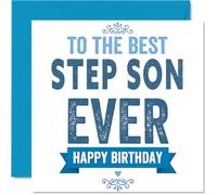 Carte d'anniversaire sincère pour beau-fils - Big Birthday Cheers - Motif bleu audacieux avec « to the Best Step Son Ever » - Carré de 145 mm, enveloppe incluse