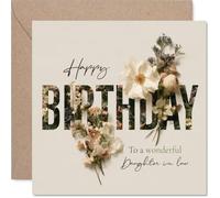 Carte d'anniversaire sincère pour belle-fille, vœux chaleureux dans | Motif botanique avec fleurs blush et crème, carré de 145 mm, enveloppe incluse