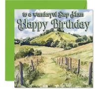 Carte d'anniversaire sincère pour belle-mère - Warm Wishes and Rolling Hills - Paysage serein avec vert pastel doux - Carré de 145 mm, enveloppe incluse