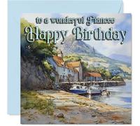 Carte d'anniversaire sincère pour fiancée - Une touche de charme côtier - Bateaux et maisons au bord de la mer - Carré de 145 mm, enveloppe incluse