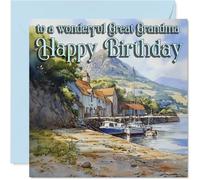 Carte d'anniversaire sincère pour grand-mère - A Gentle Touch of the Seaside - Paysage tranquille avec bateaux et teintes sereines bleu-vert - Carré de 145 mm, enveloppe incluse