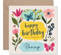 Carte d'anniversaire sincère pour grand-mère - Fleurs et papillons - Motif floral aquarelle joyeux - Soulève l'humeur d'anniversaire de n'importe quelle nounou - Carré de 145 mm, enveloppe incluse
