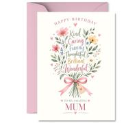 Carte d'anniversaire sincère pour maman, célébrant les incroyables qualités | Bouquet floral pastel avec tiges de compliment, design réconfortant letté à la main, 12,7 x 17,8 cm, enveloppe incluse
