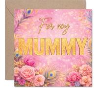 Carte d'anniversaire sincère pour maman - Souhaits chaleureux en rose et or - Motif floral et plumes de paon pour maman, fête des mères - Carré de 145 mm, enveloppe incluse