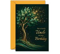Carte d'anniversaire sincère pour oncle, vœux élégants et détails dorés | Arbre stylisé et effet feuille d'or, une façon raffinée de célébrer un oncle spécial, format A5, enveloppe incluse