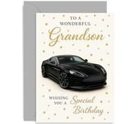 Carte d'anniversaire sincère pour petit-fils, motif voiture de sport de luxe noire, verset sentimental, cadeau d'anniversaire spécial, design élégant, pour petit-enfant, intérieur vierge avec
