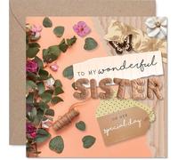 Carte d'anniversaire sincère pour sœur - Bursting with Love - Élégant motif floral et papillon avec teintes roses et vertes, pour la fête des mères, carré de 145 mm, enveloppe incluse