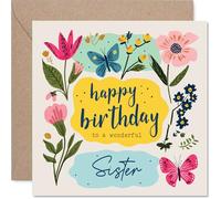 Carte d'anniversaire sincère pour sœur - Fleurs vives et papillons flottants - Œuvre florale joyeuse pour une sœur adorable - Carré de 145 mm, enveloppe incluse
