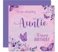 Carte d'anniversaire sincère pour tante - Brighten Her Special Day - Élégants papillons et fleurs dans des teintes violettes et roses riches - Carré de 145 mm, enveloppe incluse
